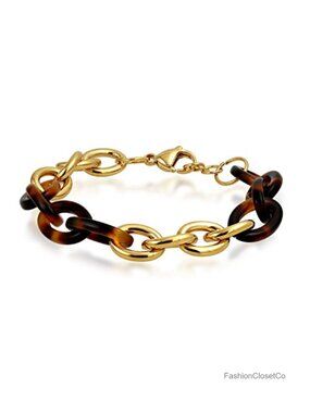 Gold Plated Stainless Steel Acrylic Tortoise Shell Link Bracelet